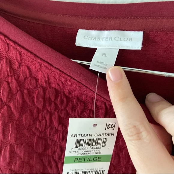 Charter Club Tie Cuff Blouse Artisan Garden Red Large Petite NEW Elegant Preppy - Picture 6 of 10